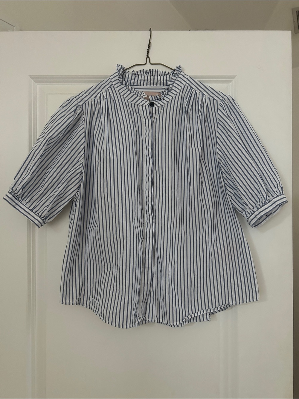 Philosophy Blue and White Striped Short Sleeve Shirt - Casual Button-Up